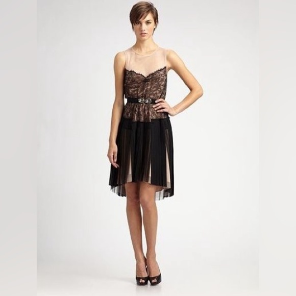 BCBG Max Azria Black Combo Tulle Lace Dress With Belt Sz L - Picture 1 of 8
